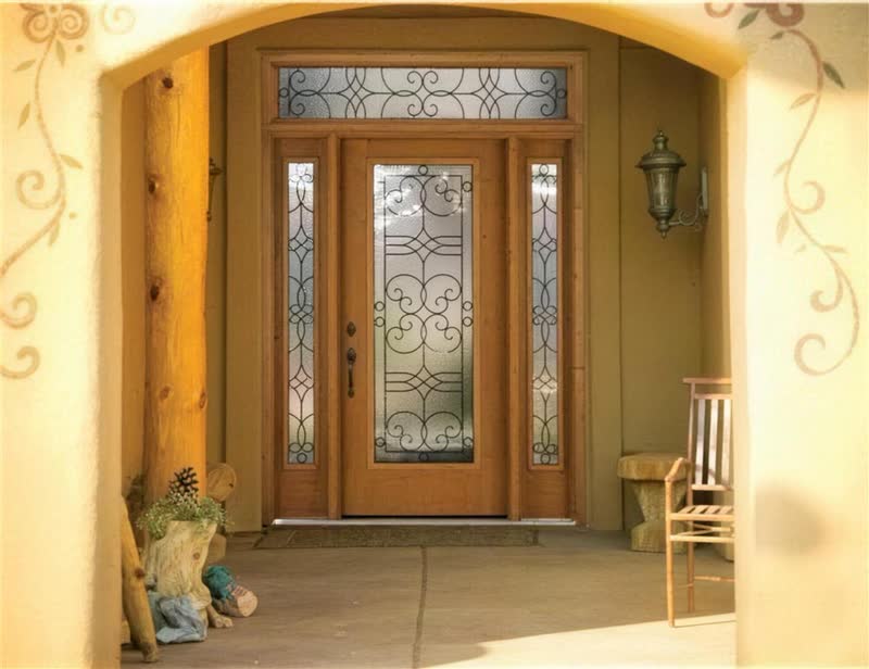 Custom fiberglass entry door with decorative glass